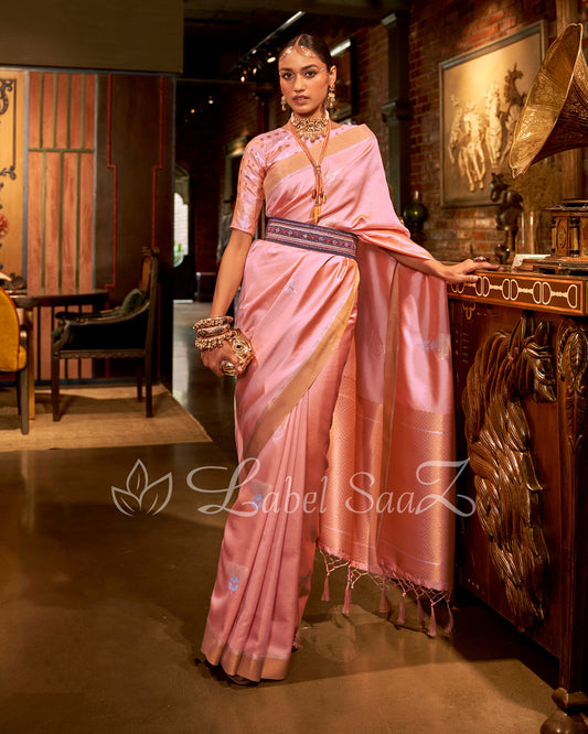 Rose Pink Zari Base Designer Lotus Handloom Saree