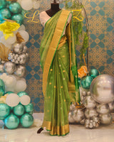 Green Banarasi Crushed Tissue Saree with Buti & Zari Border