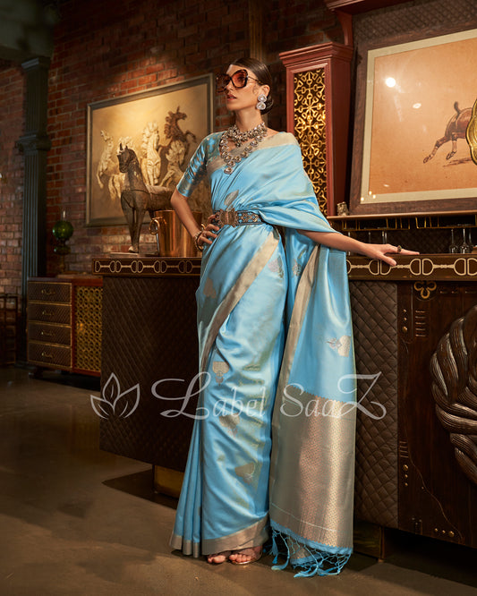 Blue Copper Zari Base Designer Lotus Handloom Saree
