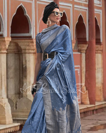 Allure Blue Handwoven Satin Silk Banarasi Saree With Brocade Blouse