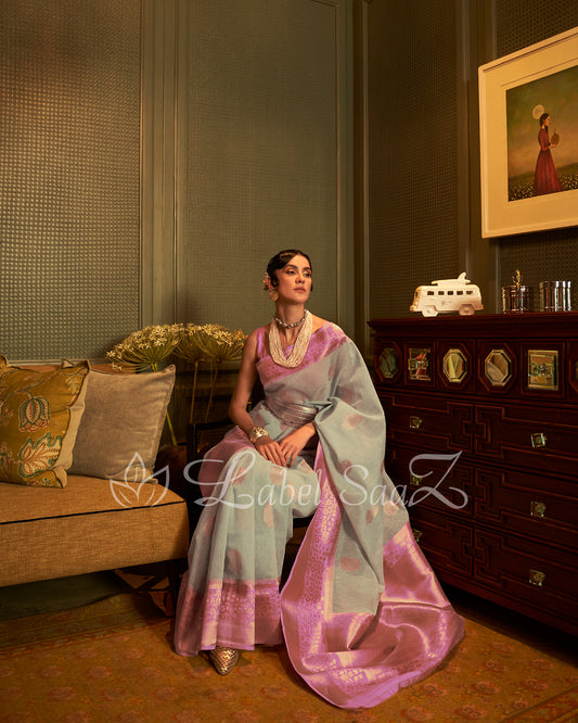 Aqua Blue Pink Linen Handloom with Copper Zari Weaving 