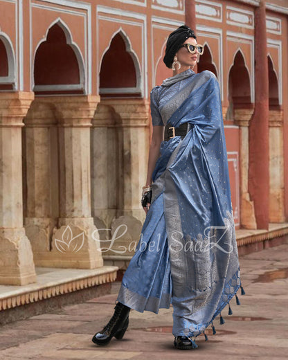 Allure Blue Handwoven Satin Silk Banarasi Saree With Brocade Blouse