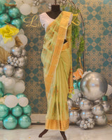 Light Green Floral Linen Tissue Saree with Sequence Work