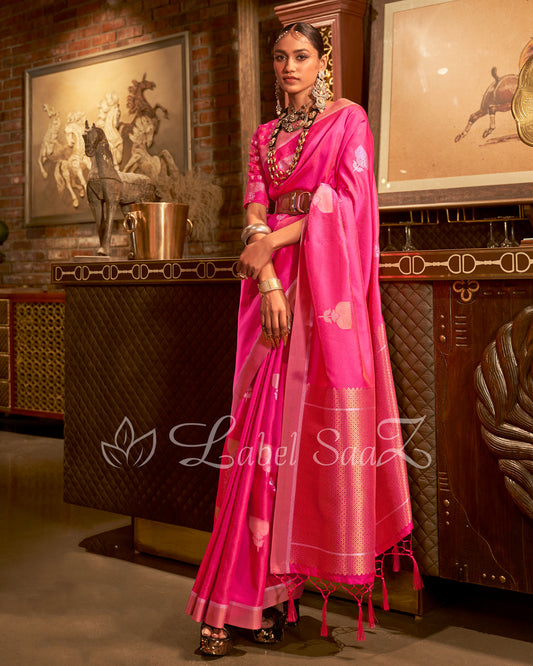 Pink Zari Base Designer Lotus Handloom Saree